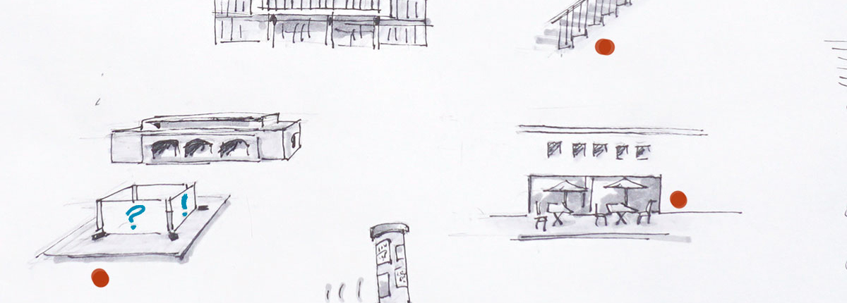 Vorbereitungsskizzen in schwarz-weiß mit roten Punkten: Riem Arcaden, Treppe, Kopfbau: Bauzaun, LIftfaßsäule, Terrasse, Brücke am See